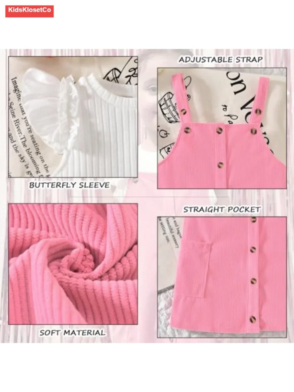 Toddler Girl Butterfly Sleeve Tee Corduroy Button Down Overall Dress Set 2-Piece